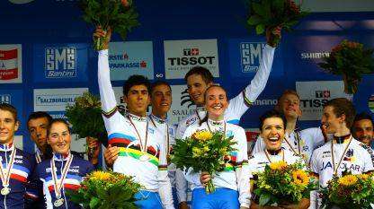 Il podio dei Mondiali MTB Team Relay, oro agli azzurri Fontana, Schmid, Lechner, Braidot (foto corrieredellosport.it).jpg