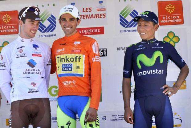 Il podio della Route du Sud con Contador, Quintana e Latou (foto cyclingnews/bettini)