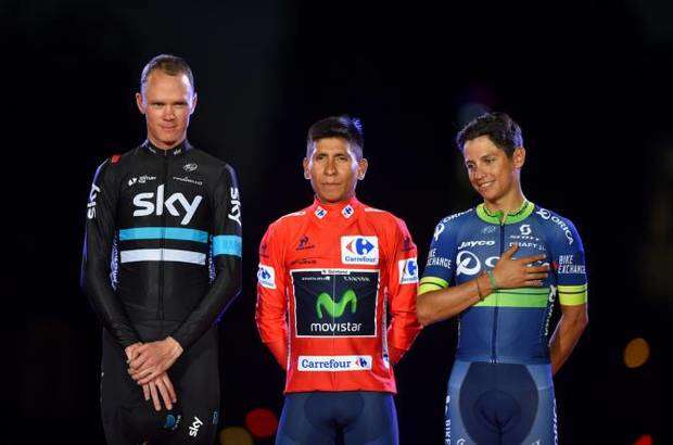 Il podio della Vuelta Spagna 2016 Nairo Quintana, Chris Froome, Esteban Chaves (foto cyclingnews)
