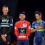 Il podio della Vuelta Spagna 2016 Nairo Quintana, Chris Froome, Esteban Chaves (foto cyclingnews)