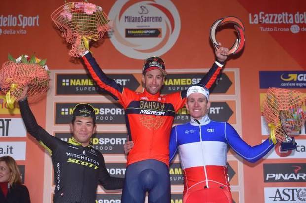 Nibali, Caleb Ewan e Arnaud Dmare il podio della Milano Sanremo (foto cyclingnews)