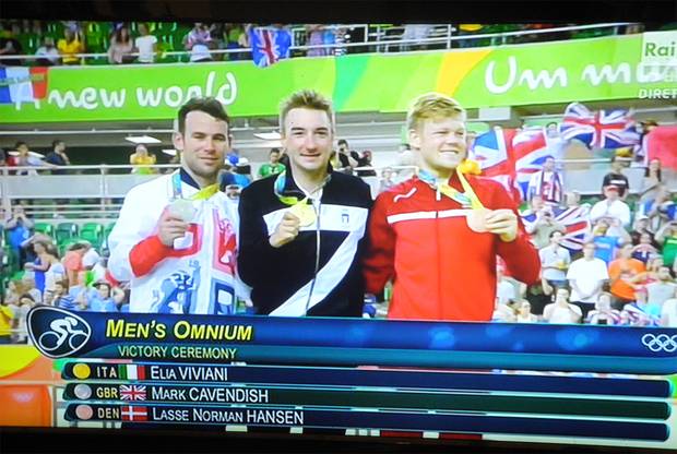 Podio Omnium Olimpiadi di Rio con Viviani, Cavendish e Hassen