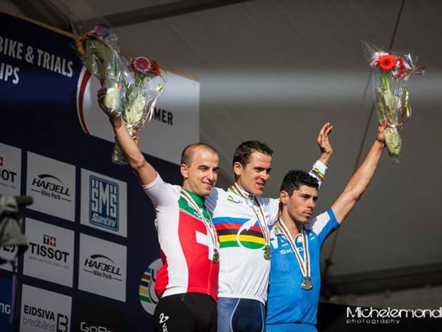 Podio mondiali MTB XCO 2014 con Absalon oro, Shurter argento e Fontana bronzo (foto FB Marco Aurelio Fontana)