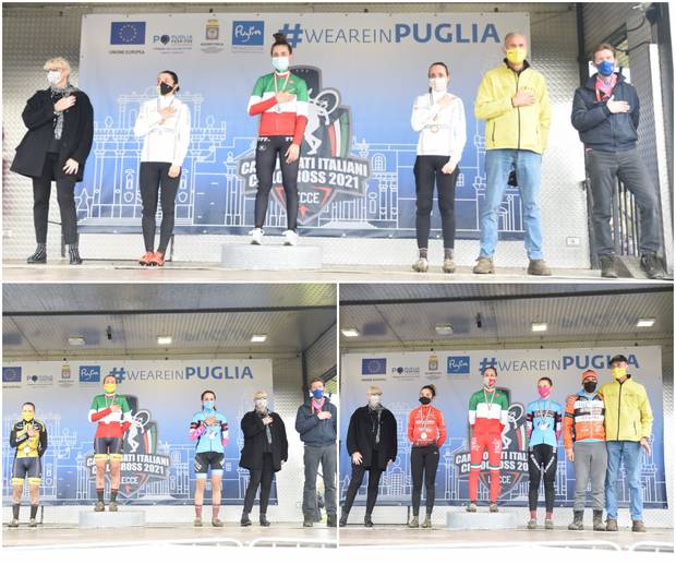 Tricolori Ciclocross Lecce  podi gare femminili sopra elite sotto under 23 e junior
